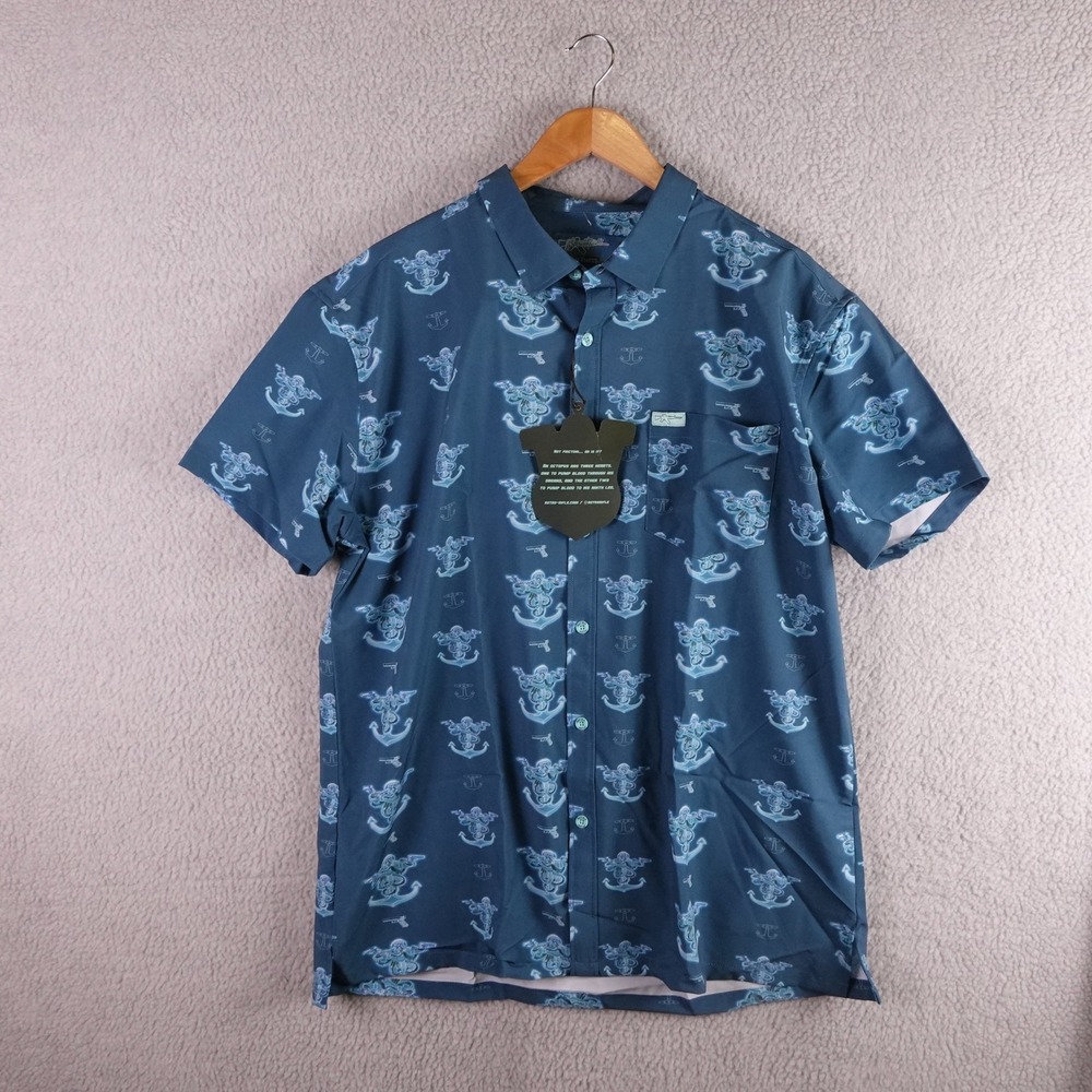 Retro‎ Rifle Glocktopus Mens 2XL Short Sleeve Button Down Shirt Blue Stretch